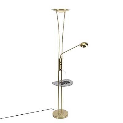 Qazqa - Modern Gold I Messingene Stehlampe mit Lesearm inkl. LED und USB-Anschluss - Sevilla Dimmer I Dimmbar I Wohnzimmer I Schlafzimmer I Deckenfluter - Stahl Länglich - I LED von Qazqa