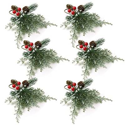 RIKEL Weihnachts-Serviettenringe, 6Er-Set, Serviettenringe mit KüNstlichen Tannenzapfen, Zweigen, Rotem Beerendekor von RIKEL