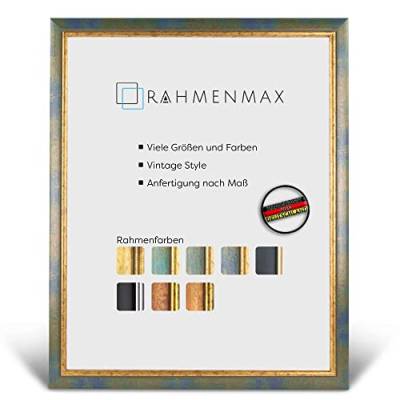 RahmenMax® Elsass Bilderrahmen 23x33 cm zum Aufhängen/Vintage Bilderrahmen Maßanfertigung möglich/Posterrahmen aus Holz/Bilder Rahmen in Blau-Gold mit Acrylglas/Puzzle Rahmen von RahmenMax