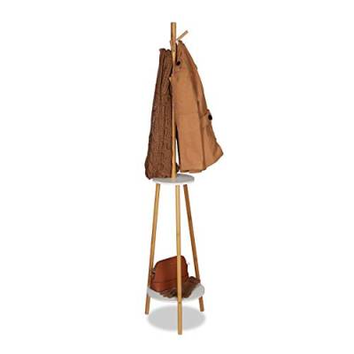 Relaxdays Garderobenständer, 8 Haken, 2 Ablagen, Jackenständer aus Bambus & MDF Holz, Garderobe HxD 181x37cm, natur/weiß von Relaxdays