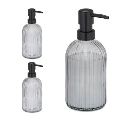 Relaxdays Glas Seifenspender, 3er Set, Pumpkopf, nachfüllbar, Badezimmer, Küche, Flüssigseifenspender, 400 ml, schwarz von Relaxdays