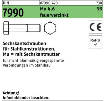 Reyher Sechskantmutter 100er Pack Sechskantschraube DIN 7990 CE Sechskantmutter M12x70 4.6 fe von Reyher