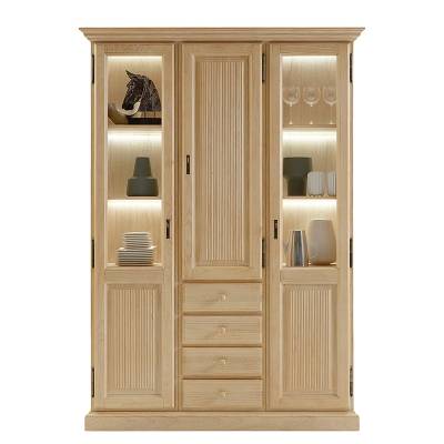 Ridgevalley Vitrinenschrank Breddin II Landhaus Natur Massivholz Pinie 153x217x42 cm (BxHxT) 3-türig 1 Schublade LED von Ridgevalley