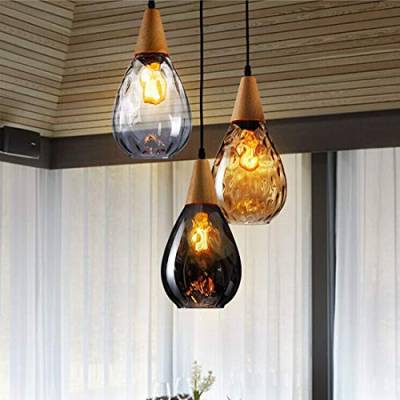 Holz Pendelleuchte Runder Glas Schirm, Hängelampe Esszimmer Esstisch Lampe, Modern Kronleuchter für Studie Küchen insel Cafe Bar Treppe Loft Deko beleuchtung, E27 4W LED Inkl. Glühbirne (Amber) von SAIVITT