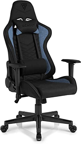 SENSE7 Gaming Stoff Spellcaster Bürostuhl Zocker Gamer Ergonomischer Stuhl Armlehne Einteiliger Stahlrahmen Einstellbarer Neigungswinkel, Nylon, Schwarz-Blau, 43-52 x 69,5 x 57 von SENSE7