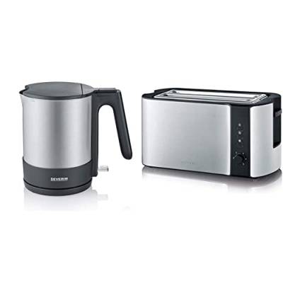 SEVERIN Wasserkocher, leistungsstarker und kompakter Edelstahl Wasserkocher, Kalkfilter, edelstahl/schwarz, WK 3409 & Automatik-Toaster, 2 Langschlitzkammern, 1.400 W, AT 2590, Edelstahl/Schwarz von SEVERIN