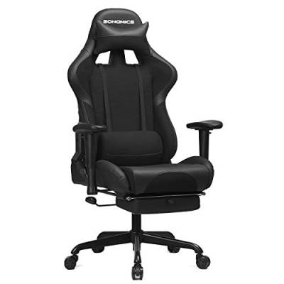 SONGMICS Gamingstuhl mit Fußstütze, 150 kg, Bürostuhl, Schreibtischstuhl, Lendenkissen, Kopfkissen, hohe Rückenlehne, ergonomisch, Stahl, Kunstleder, atmungsaktives Meshgewebe, schwarz RCG52BK von SONGMICS