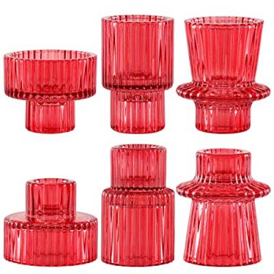 SPETYORT Kerzenhalter aus Glas, 3 Stück, Glas Kerzenständer für Tischdekoration, Mehrzweck-Dekoration, dekorativer Kerzenhalter für Säulen/Spitzen/Teelichtern (Rot, 6PCS) von SPETYORT