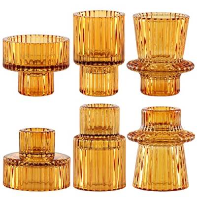 SPETYORT Kerzenhalter aus Glas, 3 Stück, Glas Kerzenständer für Tischdekoration, Mehrzweck-Dekoration, dekorativer Kerzenhalter für Säulen/Spitzen/Teelichtern (Bernstein, 6PCS) von SPETYORT