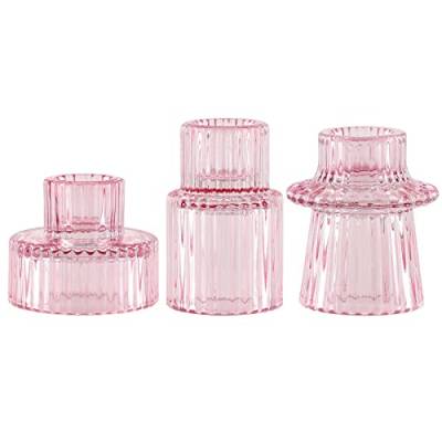 SPETYORT Kerzenhalter aus Glas, 3 Stück Glas Kerzenständer für Tischdekoration, Mehrzweck-Dekoration, dekorativer Kerzenhalter für Säulen/Spitzen/Teelichtern (Rosa, 3 Stück) von SPETYORT