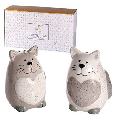 SPOTTED DOG GIFT COMPANY - Salz- und Pfefferstreuer im Katzen-Design - aus Keramik - Geschenk für Katzenliebhaber - Weißer und grauer Streuer mit Herz-Motiv - 2er-Set von SPOTTED DOG GIFT COMPANY