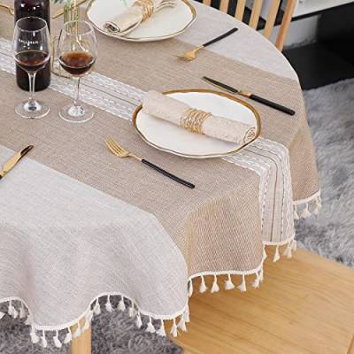 SUCHDECO Leinen Tischdecke Rund 140 cm Abwaschbar Baumwolle Tischtuch Knitterfrei Staubdicht mit Quasten Streifenstickerei für Küche, Esszimmer, Esstisch, Couchtisch, Gartentisch, Khaki von SUCHDECO