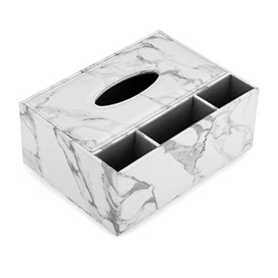 Sumtree Taschentuchbox aus PU-Leder, rechteckig, Spender mit 3 Fächern, Schreibtisch-Organizer für Fernbedienung (weiß marmoriert) von SUMTree