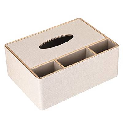 SUMTree Taschentuchbox, Leinen, rechteckig, Spender mit 3 Fächern, Schreibtisch-Organizer für Fernbedienung (beige) von SUMTree