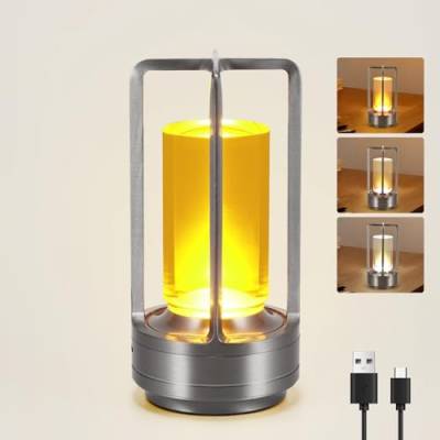 Nachttischlampe mit Touch Steuerung, Kabellose LED Vintage Schreibtischlampe, Tragbare USB Aufladung 3 Beleuchtungsfarben Dimmbare Tischlampe für Schlafzimmer Büro Wohnzimmer Dekoratio Geschenk-Silber von SUNJULY