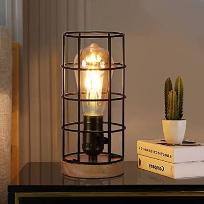 SUNLLOK Nachttischlampe mit Holzsockel, Metallkäfig-Schirm kleine tischlampe für Schlafzimmer, Vintage Steampunk Industrial leselampe Desk Light Deko für Wohnzimmer, Kinderzimmer, Büro von SUNLLOK