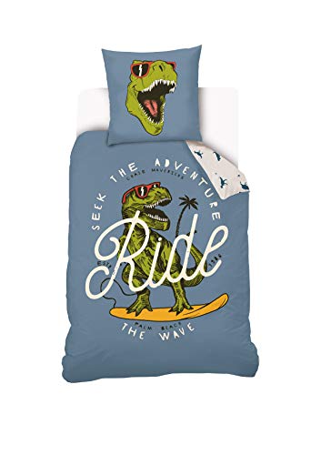 Bettbezug Dinosaurier Cool Ride für Kinder, 140 x 200 cm + Kissenbezug 63 x 63 cm – Wendebettwäsche – Blau – 100% Baumwolle von Sahinler