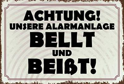 Schatzmix Achtung Unsere Alarmanlage bellt und beißt Metallschild Wanddeko 20x30cm tin Sign Blechschild, Blech, Mehrfarbig, 20x30 cm von Schatzmix