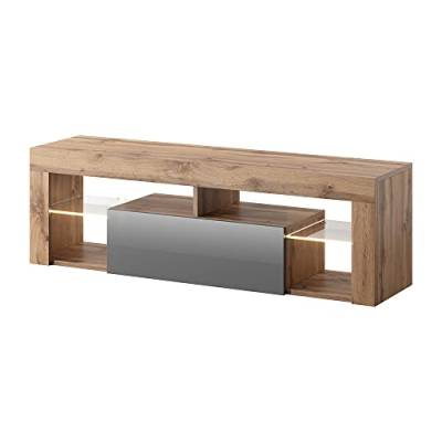 Selsey BIANKO – TV-Lowboard/TV-Schrank in Holz-Optik Lancaster Eiche mit Klappe in Grau Hochglanz mit LED-Beleuchtung Stehend 140cm von Selsey