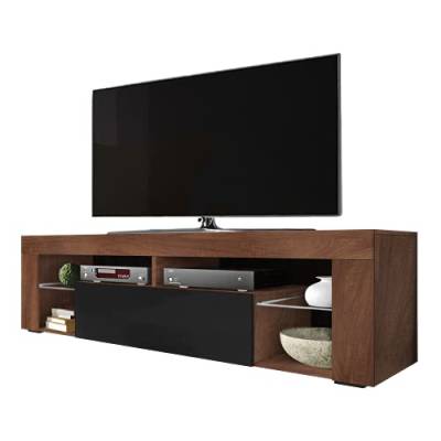 Selsey BIANKO – TV-Lowboard/TV-Schrank in Holz-Optik Nuss Caravaggio mit Klappe in Schwarz Hochglanz Stehend 140cm von Selsey