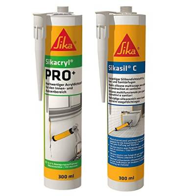 SIKA - Sikacryl PRO+ Acryldichtstoff für Anwendungen im Innen- und Aussenbereich, 300 ml, weiß + Sikasil C, neutralvernetzender Silicondichtstoff für Sanitär- und Baufugen, 300 ml, transparent von Sika