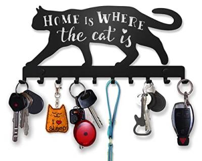 SirHoldeer Schlüsselbrett Schwarz, Katzen Deko, Schlüsselhalter Wand, Schlüsselaufhänger mit 10 Haken, Schlüssel Aufbewahrung, Schlüsselboard Modern, Cat Key Holder, Wanddeko Metall von SirHoldeer