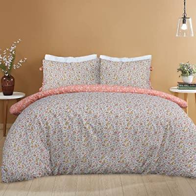 Sleepdown Ditsy Flowers Bettwäsche-Set, Kissenbezug mit Bändern, 135 x 200 cm, Orange/Weiß von Sleepdown