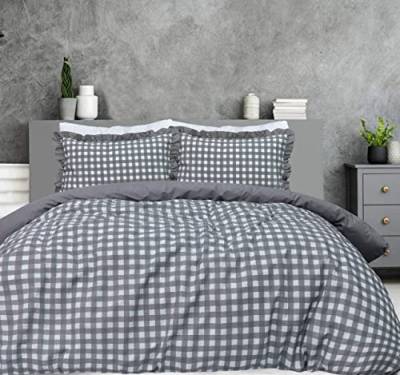 Sleepdown Gingham-Karo, grau, einfarbige Rückseite, weich, pflegeleicht, Bettbezug mit Rüschenrand-Kissenbezügen, Doppelbett (200 x 200 cm) von Sleepdown