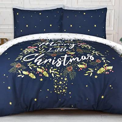 Sleepdown Merry Christmas Holly Tree Wende-Bettwäsche-Set mit Kissenbezug, weiche, Pflegeleichte Bettwäsche, Einzelbett, 135 cm x 200 cm, Marineblau von Sleepdown