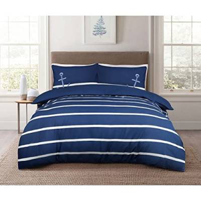 Sleepdown Sailor Gestreiftes Bettwäsche-Set, 100% Baumwolle, einfarbig, wendbar, weich, pflegeleicht, Kingsize-Bett (230 x 200 cm) von Sleepdown