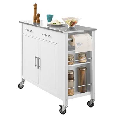 SoBuy FKW108-W Design Küchenwagen mit Edelstahlplatte Kücheninsel mit Seitenregal Küchenschrank Rollwagen Sideboard auf Rollen Küchentrolley Servierwagen Weiß BHT ca.: 107x94x46cm von SoBuy