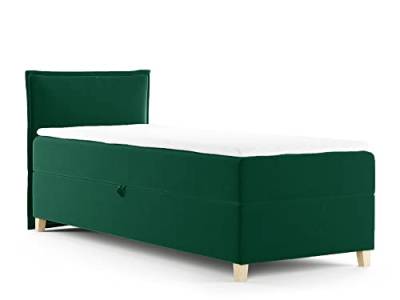 Boxspringbett Fren Mini mit Bettkasten - Einzelbett mit Bonell-Matratze und Topper, Polsterbett mit Holzfüße, Bett, Schlafzimmer, Kinderzimmer (Grün (Kronos 19), 100 x 200 cm) von Sofnet