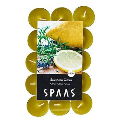 Spaas Pack de chauffe plats parfumées Agrumes du sud 30 Duft-Teelichter, ± 4,5 Stunden-Southern Citrus, Herbst gelb, D 39 mm x H 16 mm von Spaas