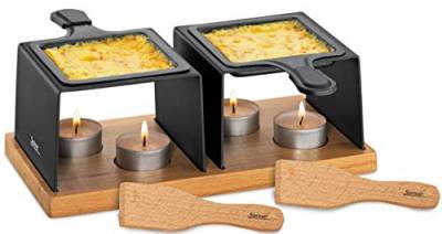 Spring Gourmet Raclette | Teelicht Raclette mit Gestell aus Metall | Holzboden mit Teelichthaltern | Inkl. 2 beschichtete Raclette Pfännchen, 2 Raclette Schaber und 4 Teelichtern von Küchenprofi