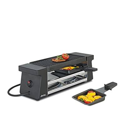 Spring Raclette 2 Personen COMPACT Schwarz, Tischgrill elektrisch, Antihaftbeschichtete Alu-Grillplatte, 2 Raclette Pfännchen & Spatel, Abstellebene, 34,5×10,5×11,5 cm, 400W, Raclette Grill von Spring