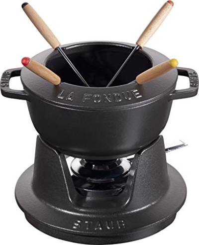 STAUB Fondue Set mit 4 Gabeln, Gusseisen, 16 cm, 1,1 l, Geeignet für Käse- Schoko- und Fleisch-Fondue,Schwarz von STAUB