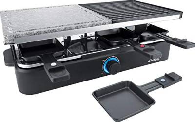 Steba 63-18-00 Multi-Raclette RC 18 | Hochwertige Natursteingrillplatte | Wendbare Grillplatte | 8 antihaftbeschichtete Pfännchen | 8 Pfännchenschaber | 1,8 m Anschlusskabel | 1400 Watt, Schwarz von Steba