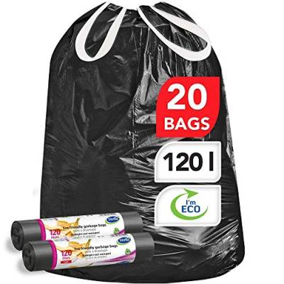 Stella Bio Müllbeutel - 120 L - 20 Stück - Umweltfreundlich und recycelbar - Mülltüten aus Kunststoffabfällen - Hochbelastbare Müllsäcke - Ultra-stark & flexibel - Farbe Schwarz - mit Zugband von Stella pack