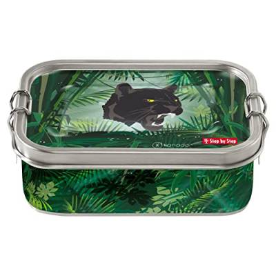 Step by Step Edelstahllunchbox „Wild Cat Chiko“, grün-schwarz, mit Trennwand und Klickverschluss, BPA-frei, für Schule und Kindergarten, 0,8L von Step by Step