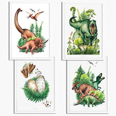 Sunnywall® 4er Set Dinosaurier T-Rex Brachiosaurus Triceratops Poster Kinderzimmer - A4 Bilder Babyzimmer Kinderposter | OHNE Bilderrahmen | - Deko Mädchen Junge von Sunnywall