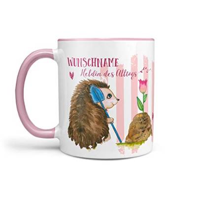 Sunnywall® Tasse Wunschname Igel mit Blume Heldin des Alltags niedlich Kaffeebecher individuell Lieblingstasse Geburtstag personalisiert Geschenk-Tasse inkl. Geschenkkarte (Tasse rosa) von Sunnywall