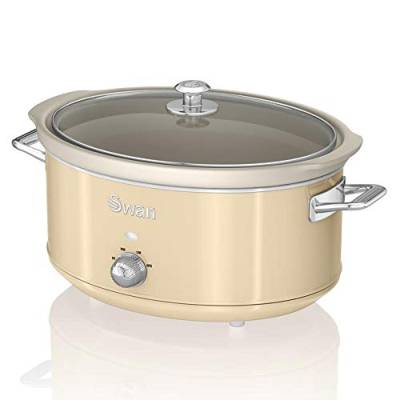 Swan Retro SF17031CN Slow Cooker 6,5L Abnehmbarer Kochbehälter, PFOA- und PTFE-freier Keramischer Antihaft-Behälter, 3 Temperaturstufen, Glasdeckel, Vintage-Design, Creme, 320W, Cremefarben von Swan