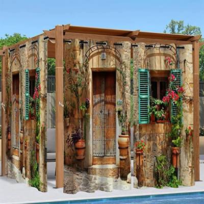 Syhi Qlty Outdoor Vorhang Wetterfest, Verdunkelungsvorhang Sonnenschutz Sichtschutz Vorhänge für Garten Terrasse Balkon Pavillon Pergola, 2 Stück 132 x 213 cm, 3D Blume Haus von Syhi Qlty