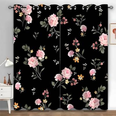 Syhi Qlty Verdunklungsvorhänge Pinke Rose Vorhang Blickdicht Vorhänge Mit Ösen, Schwarz Thermovorhang Kälteschutz Gardinen Blickdicht 2er Set für Wohnzimmer Schlafzimmer, 220x140 cm(HxB) von Syhi Qlty