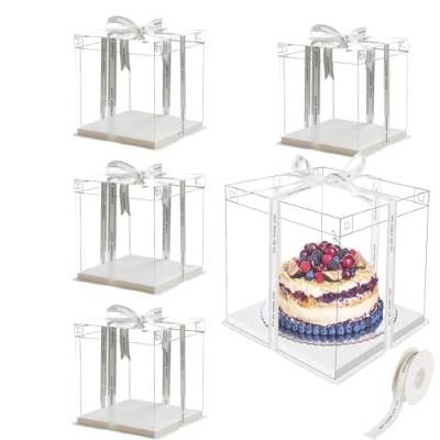 TAZZOR 5 Stück Transparente Kuchenbehälter, 6 inch Tortenschachtel Dessert Box Cake Box mit Deckel Doppelschicht Tortenschachtel Kunststoff Geschenk Boxen (22 * 22 * 24) von TAZZOR