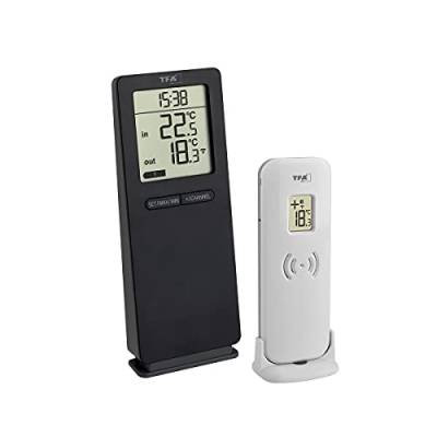 TFA Dostmann Logoneo Thermometer innen/aussen, 30.3071.01, mit Außensender, optional auf 3 Sender erweiterbar, inkl Uhr, schwarz von TFA Dostmann