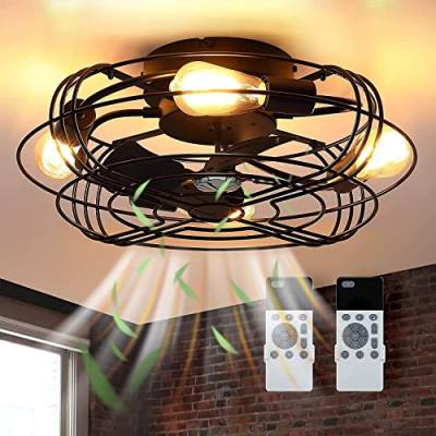 TRUYOK Leise Fan Deckenventilator mit Licht E27 Retro LED Deckenleuchte mit Ventilator und Fernbedienung Industrial Deckenlampe Vintage Cage Fan Lamp für Schlafzimmer Wohnzimmer Küche Beleuchtung (A) von TRUYOK