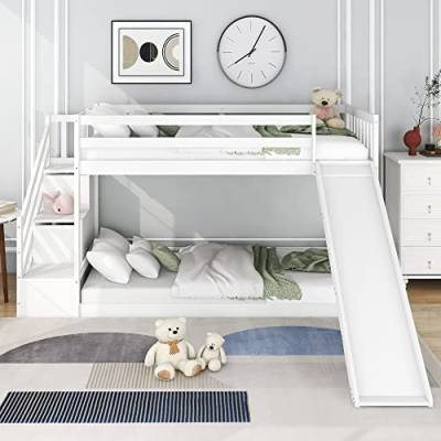 Etagenbett Kinderbett 90 x 200 mit Treppe und Rutsche, Rahmen aus massivem Kiefernholz, Stockbett mit 2 Schubladen in der Treppe, Hochbett für 2 Kinder mit Rausfallschutz, Jugendbett Bodenbett, Weiß von TZCIN