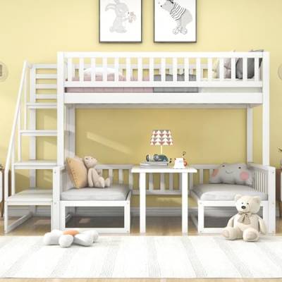 Platzsparendes Etagenbett für Kinder, Hochbett mit Flexibler Tisch und Holzsofa, Kinderbett mit Treppe und Rausfallschutz, 90x200cm +120x200cm, Funktionsbett Stockbett Hochbett Jugendhochbett, Weiß von TZCIN