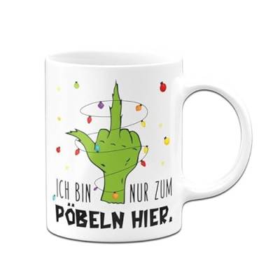 Tassenbrennerei Grinch Tasse - Ich bin nur zum Pöbeln hier - Weihnachtstasse lustig, Kaffeetasse mit Spruch - Weihnachts-Deko, Bürotasse (Weiß) von Tassenbrennerei